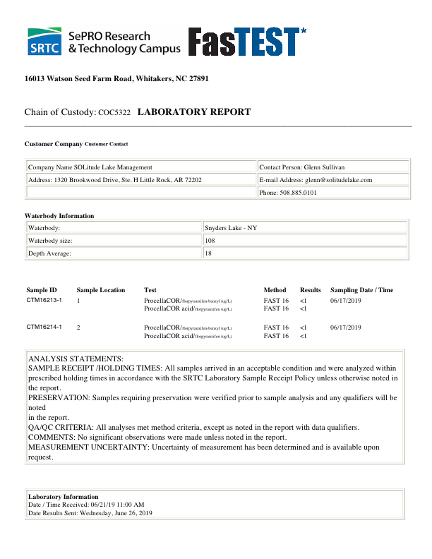 Snyders Lake sampling results 061719